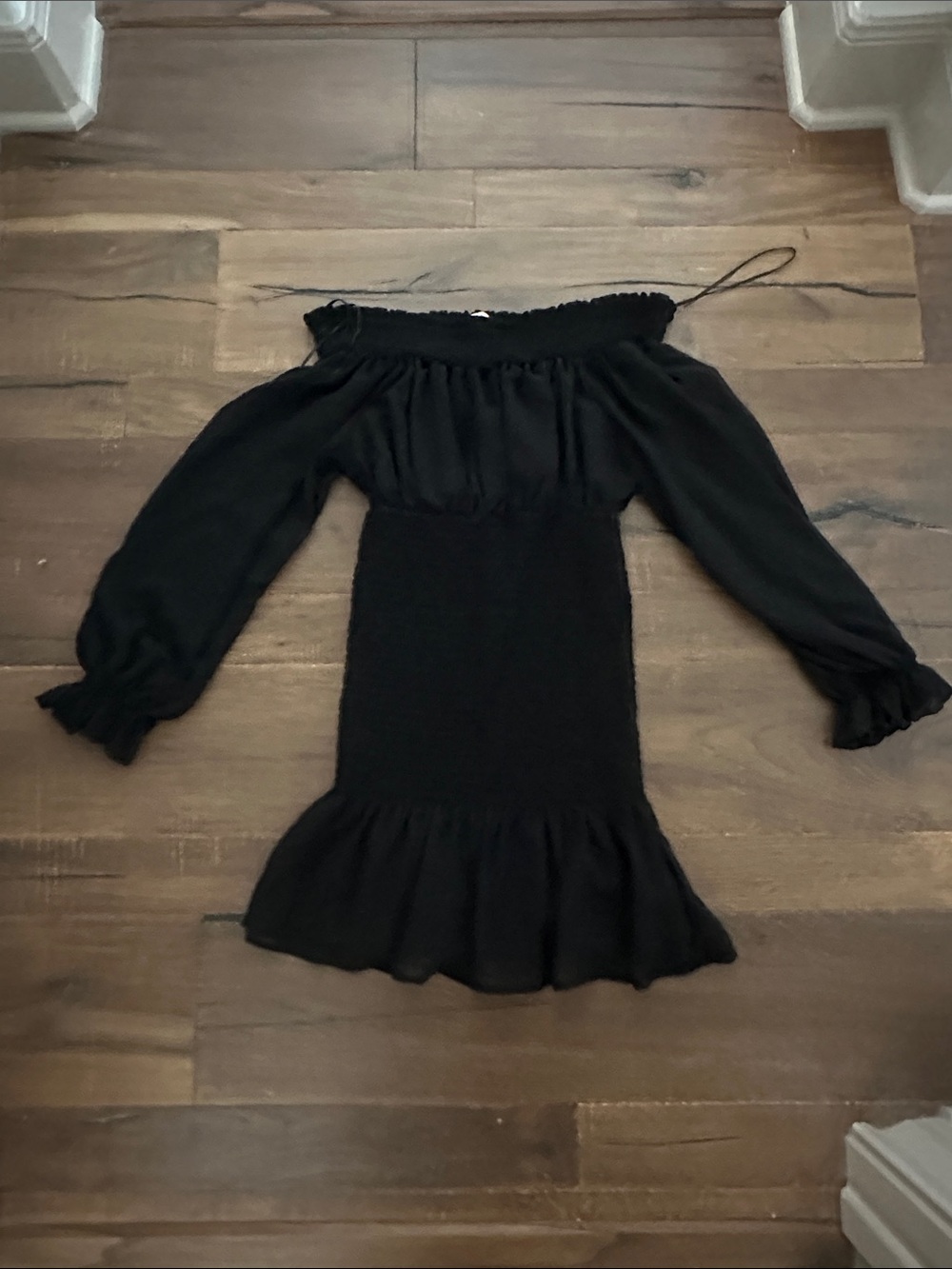 HYFVE Black Off-Shoulder Long Sleeve Ruffle Hem Dress